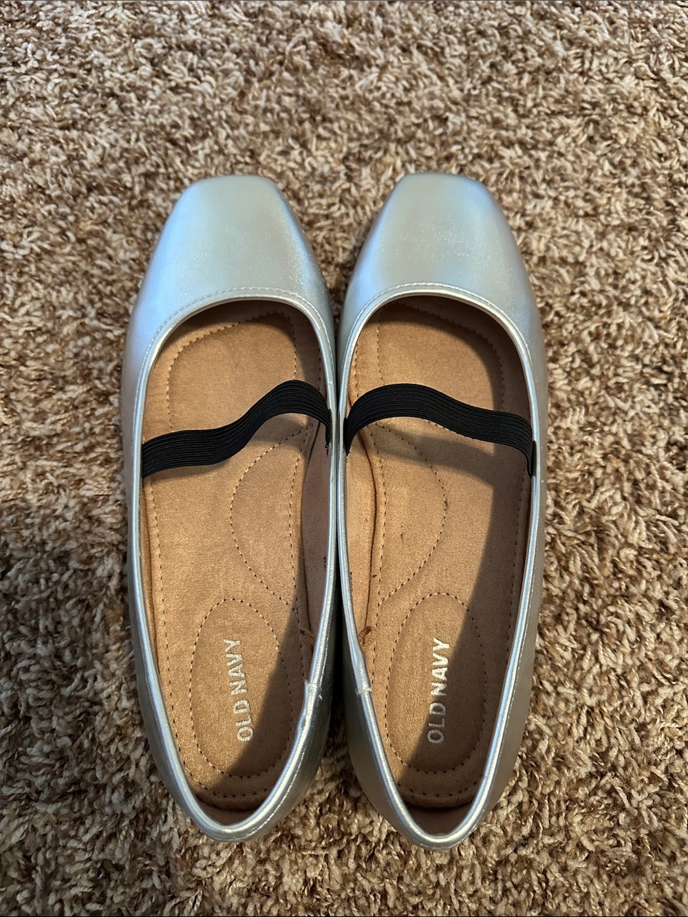 Old Navy Metallic Silver Square-Toe Ballet Flats with Black Elastic Strap